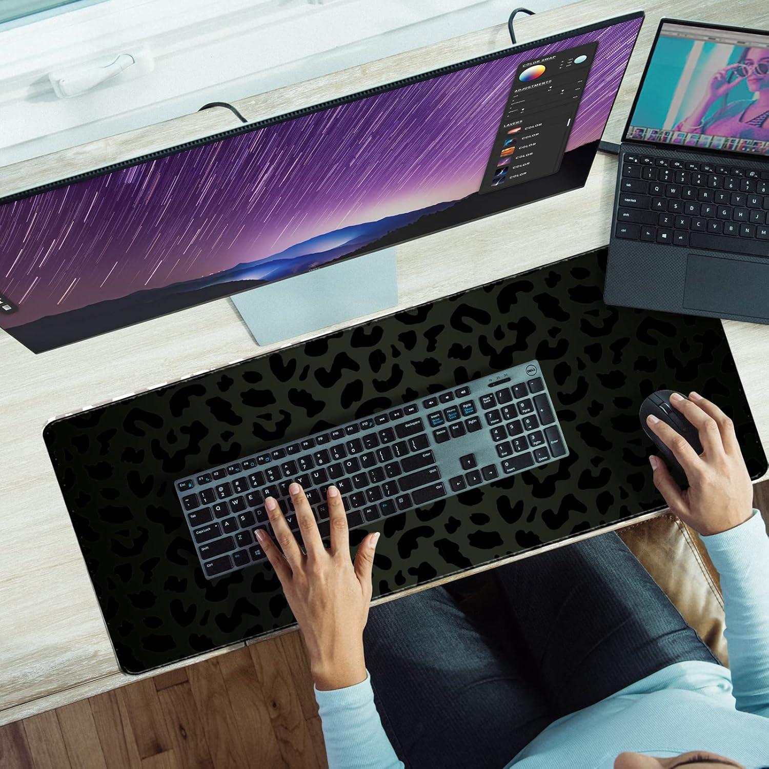 Alfombrilla de Ratón Grande Deokke Leopardo Negro 80x40 cm