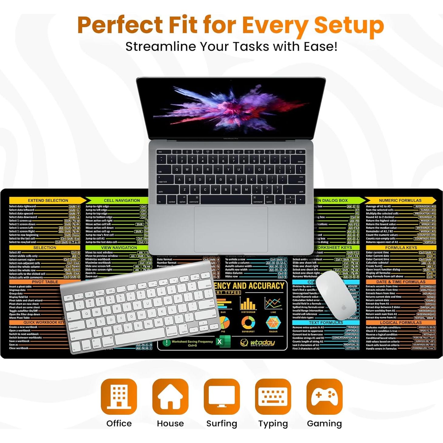 Alfombrilla de Teclado XL WTADAY con Atajos de Excel 80x30cm