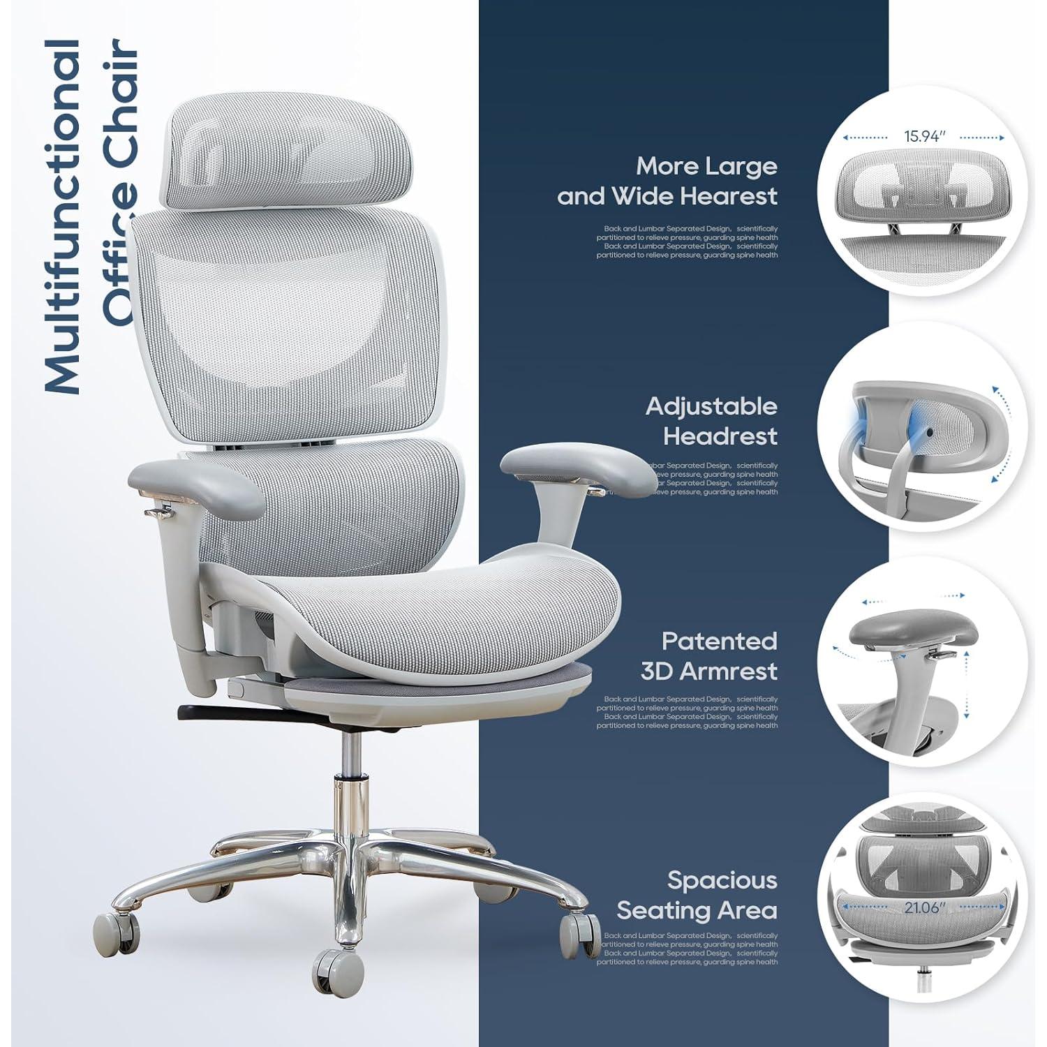 Silla de Oficina Ergonómica COLAMY 5188 con Reposapiés Gris