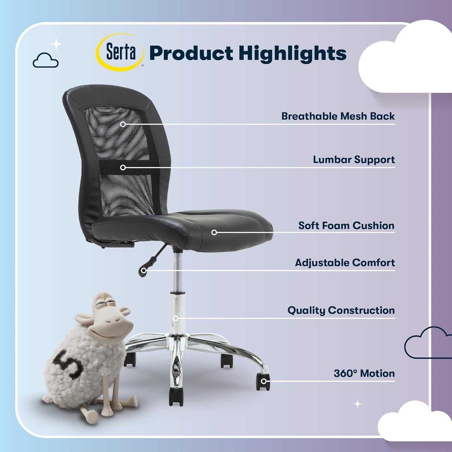 Silla de Tarea Sin Brazos Serta Esencial Negra, Respaldo de Malla