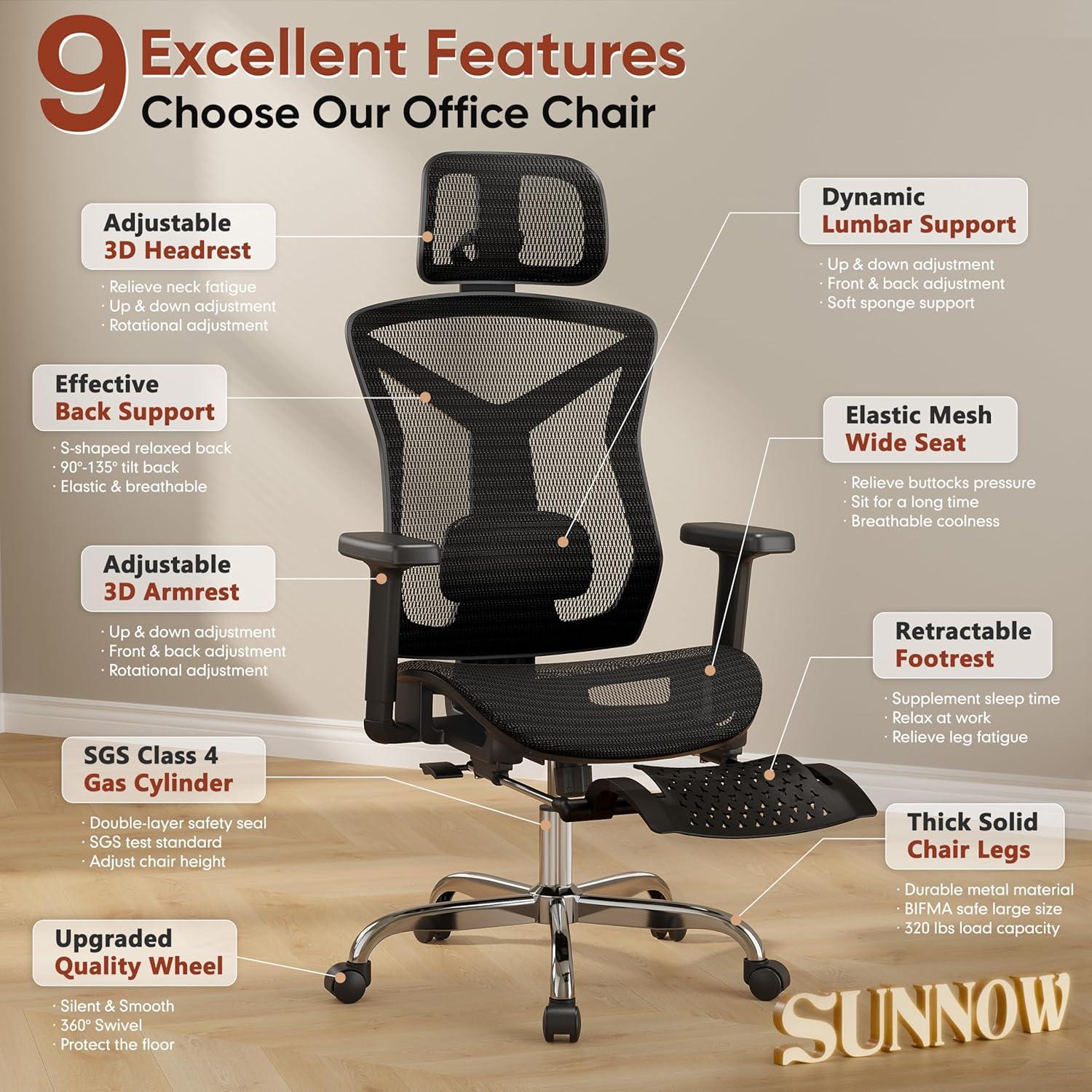 Silla de Oficina Ergonómica SUNNOW con Reposapiés Ajustable