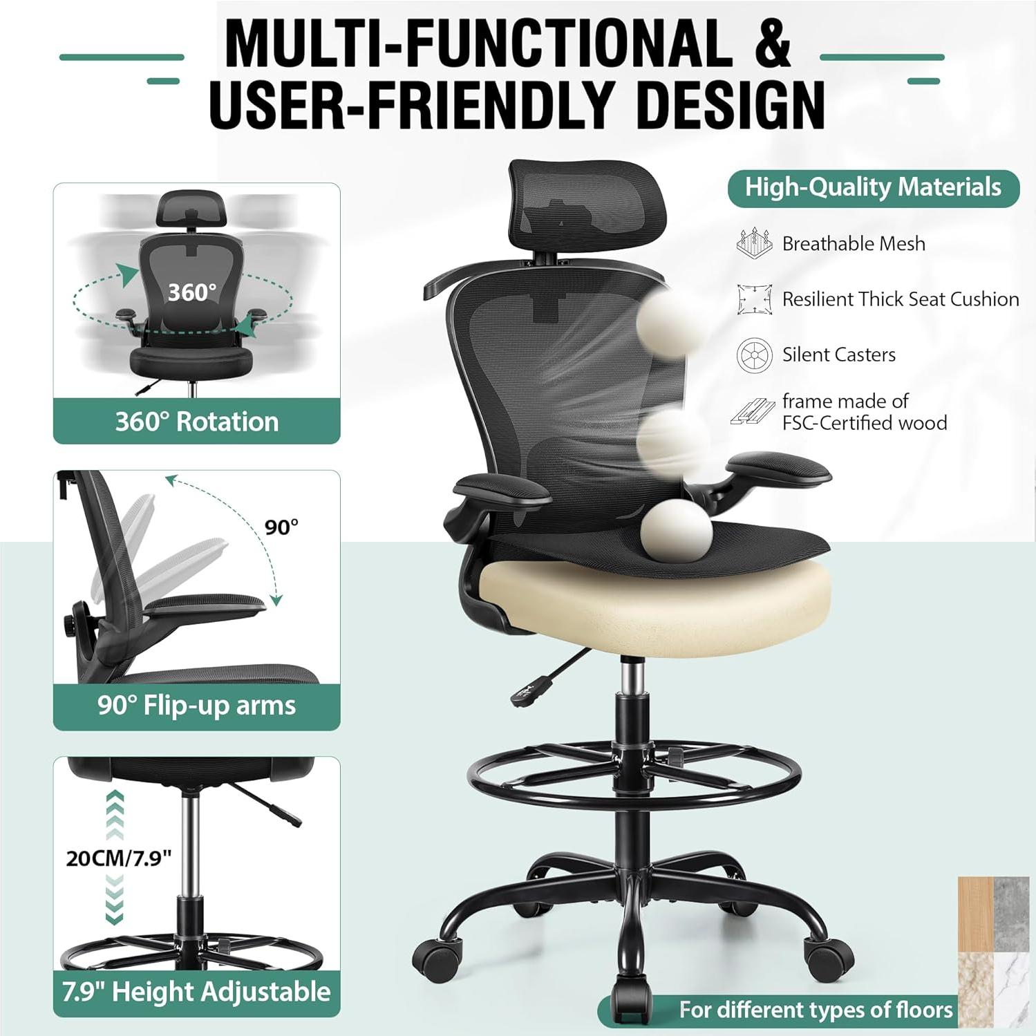 Silla Ergonómica AtHope Alta con Soporte Lumbar y Reposapiés
