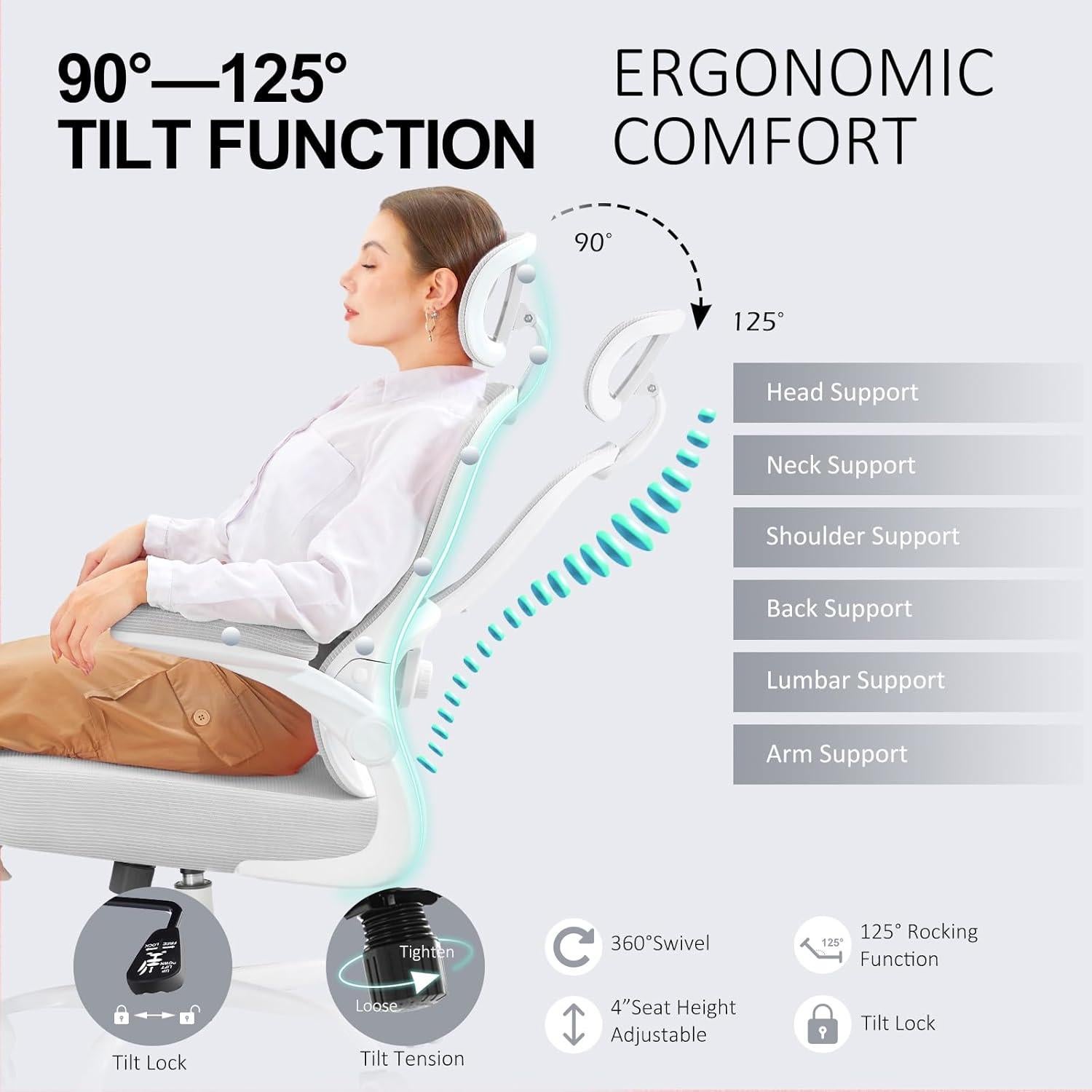 Silla de Oficina Ergonómica TUKAKA TK2416 Gris con Soporte Lumbar