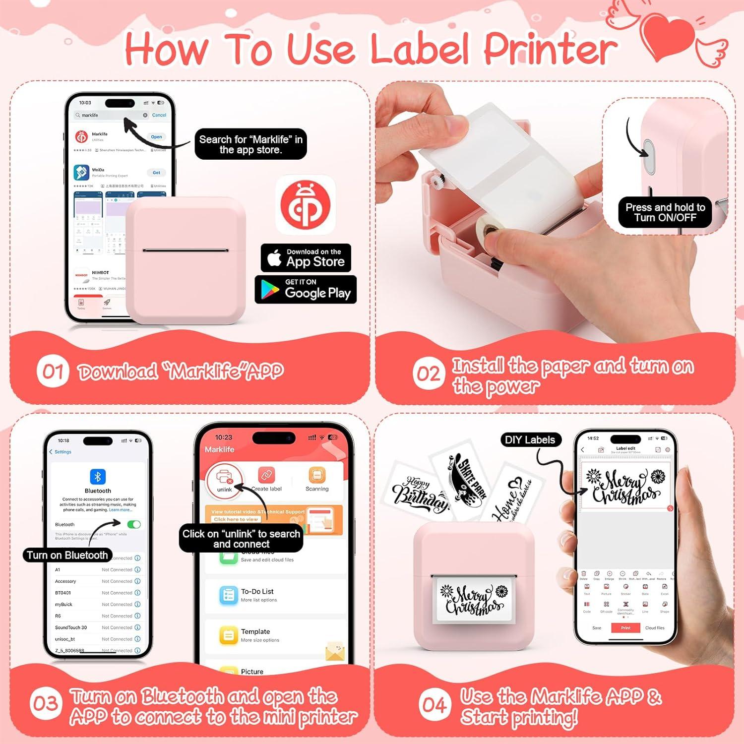 Impresora de Etiquetas Bluetooth HUIJUTCHEN Rosa 30x50mm