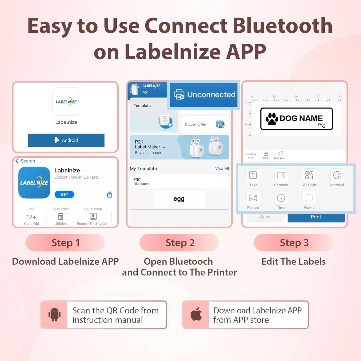 Impresora de Etiquetas TYPONOS P21 Rosa, Compacta y Portátil