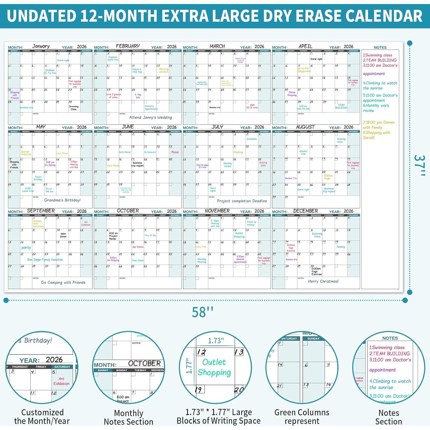 Calendario de Pizarra Blanca Grande Lemome 147x94 cm 12 Meses