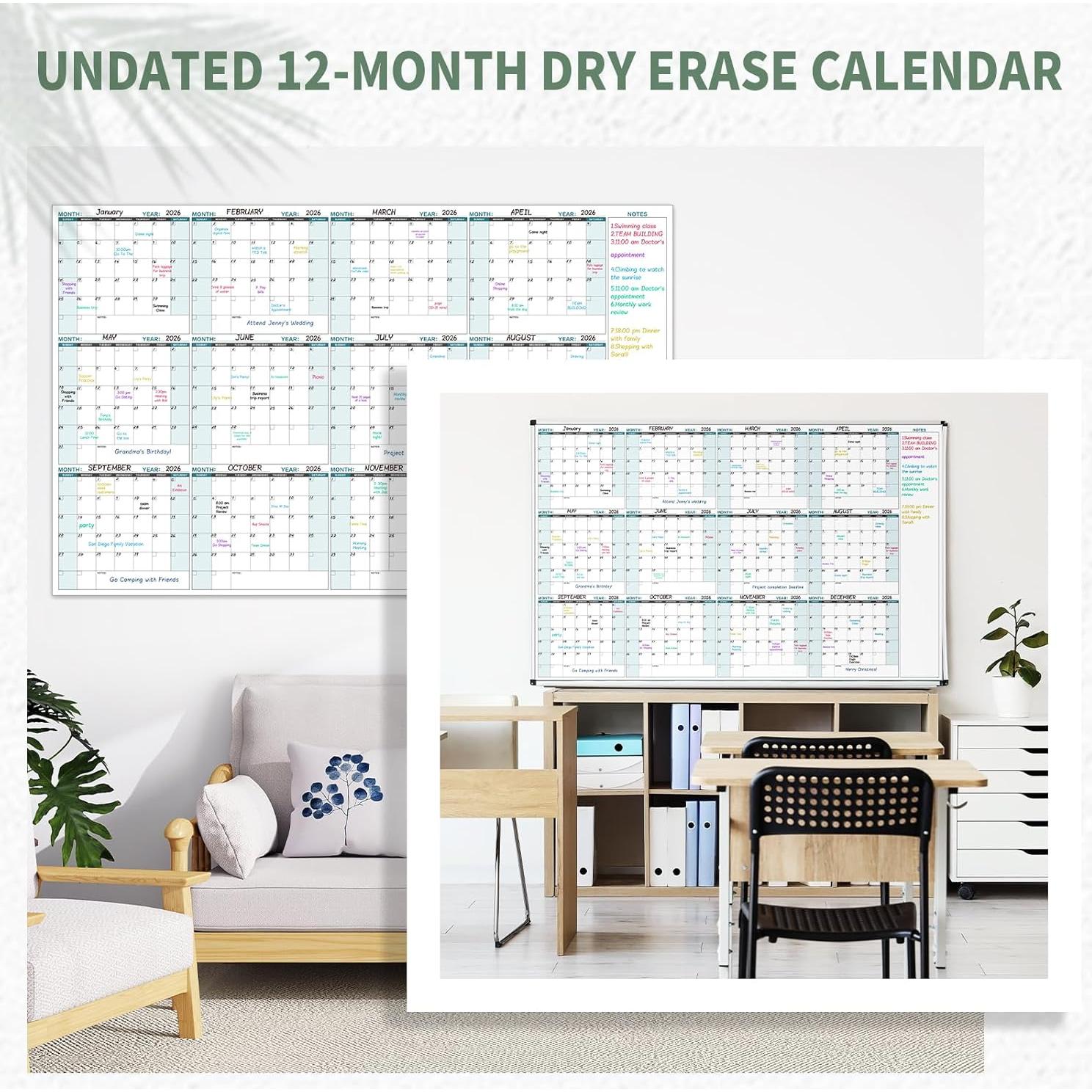 Calendario de Pizarra Blanca Grande Lemome 147x94 cm 12 Meses