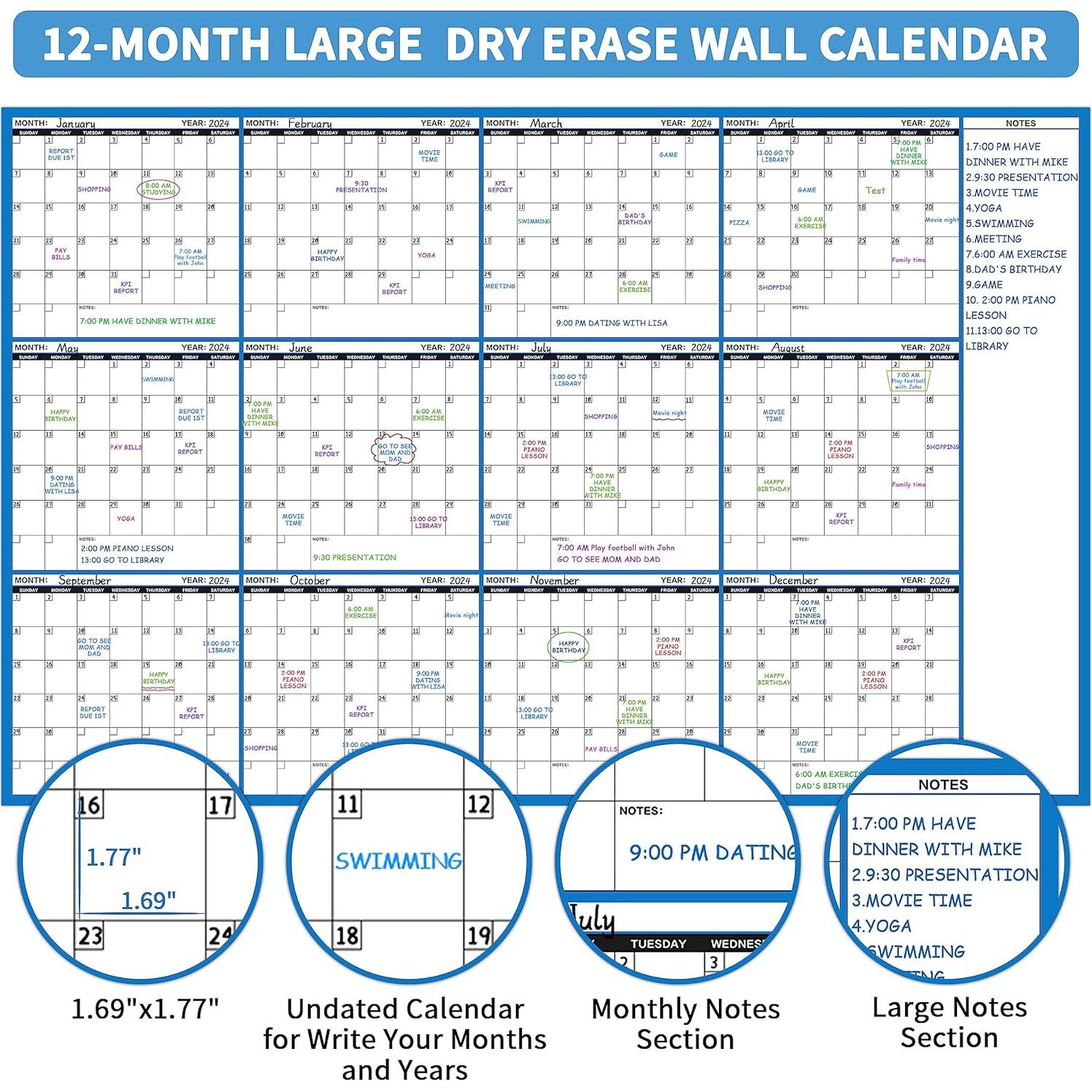 Calendario de Pizarra Blanca Grande Lemome 147x94 cm 12 Meses