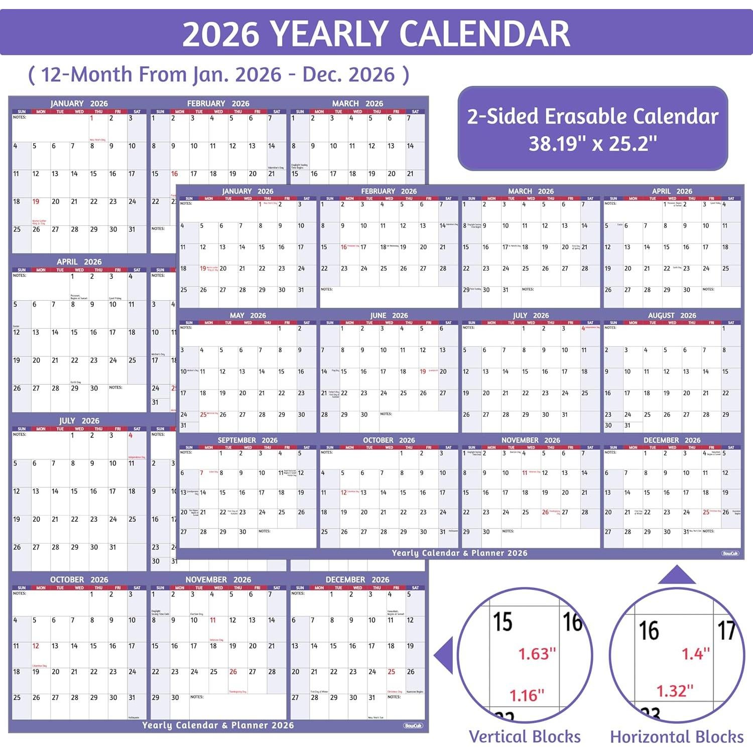 Calendario de Pared Borrable 2026 BowCuk 97x64 cm Reversible