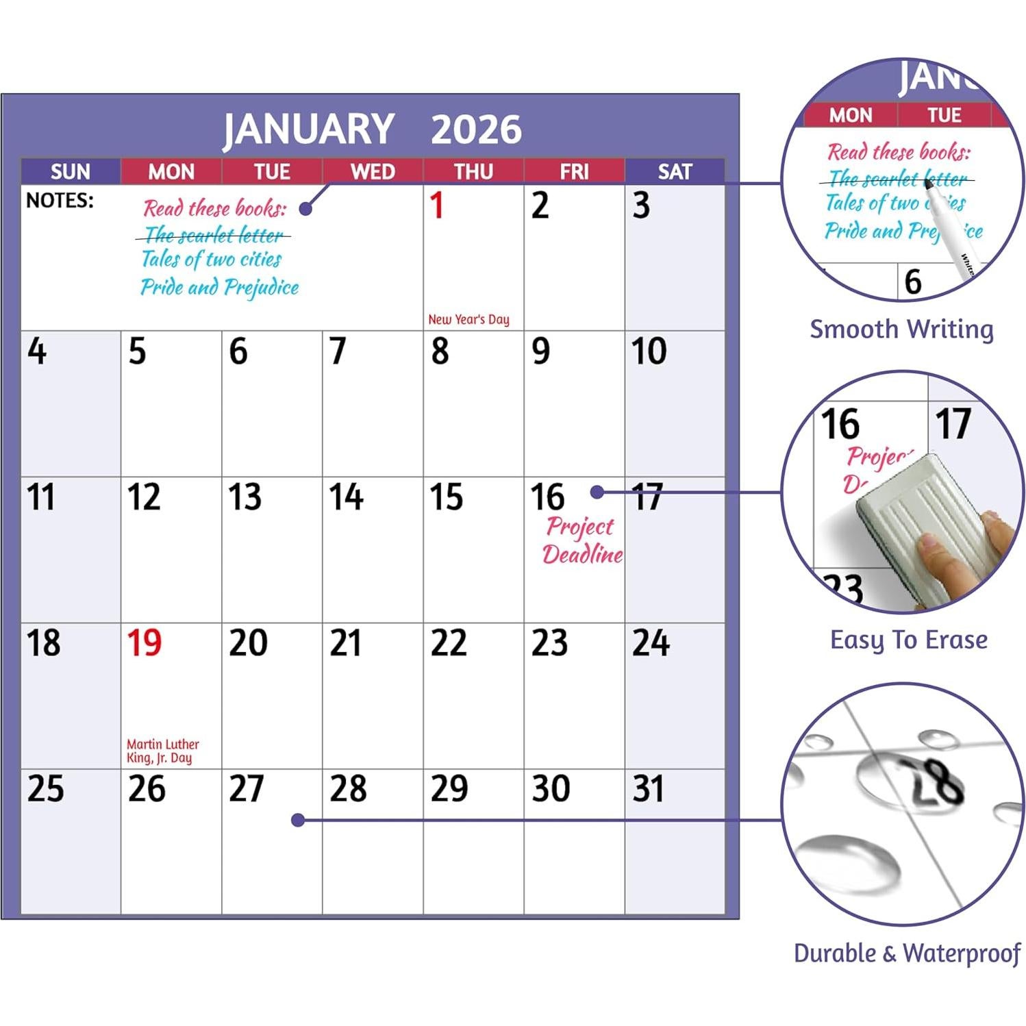 Calendario de Pared Borrable 2026 BowCuk 97x64 cm Reversible