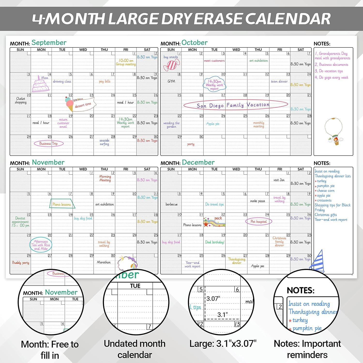 Calendario de Pared BooQool 4 Meses Borrado en Seco 132x91cm