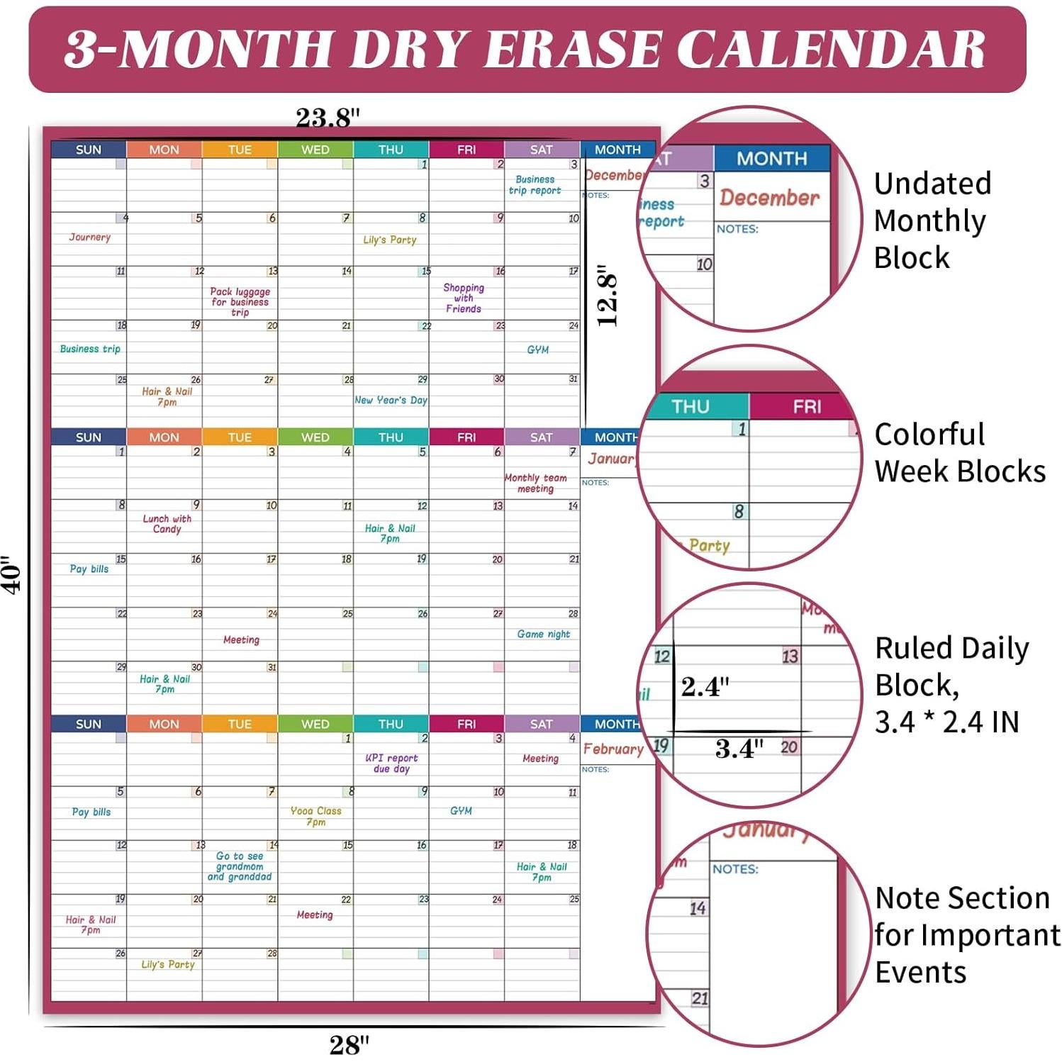 Calendario de Pizarra Blanca BooQool 3 Meses 71x101 cm