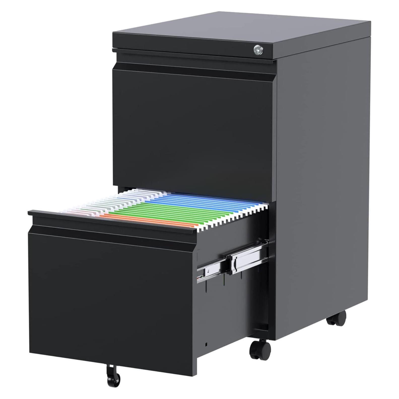 Gabinete de Archivos Aobabo 2 Cajones Metal Negro con Cerradura