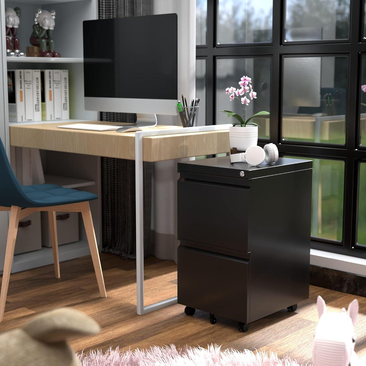 Gabinete de Archivos Aobabo 2 Cajones Metal Negro con Cerradura