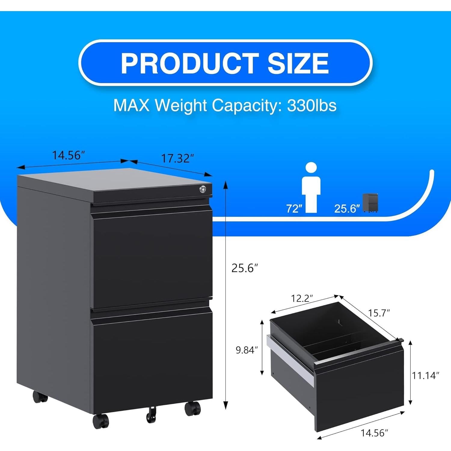 Gabinete de Archivos Aobabo 2 Cajones Metal Negro con Cerradura