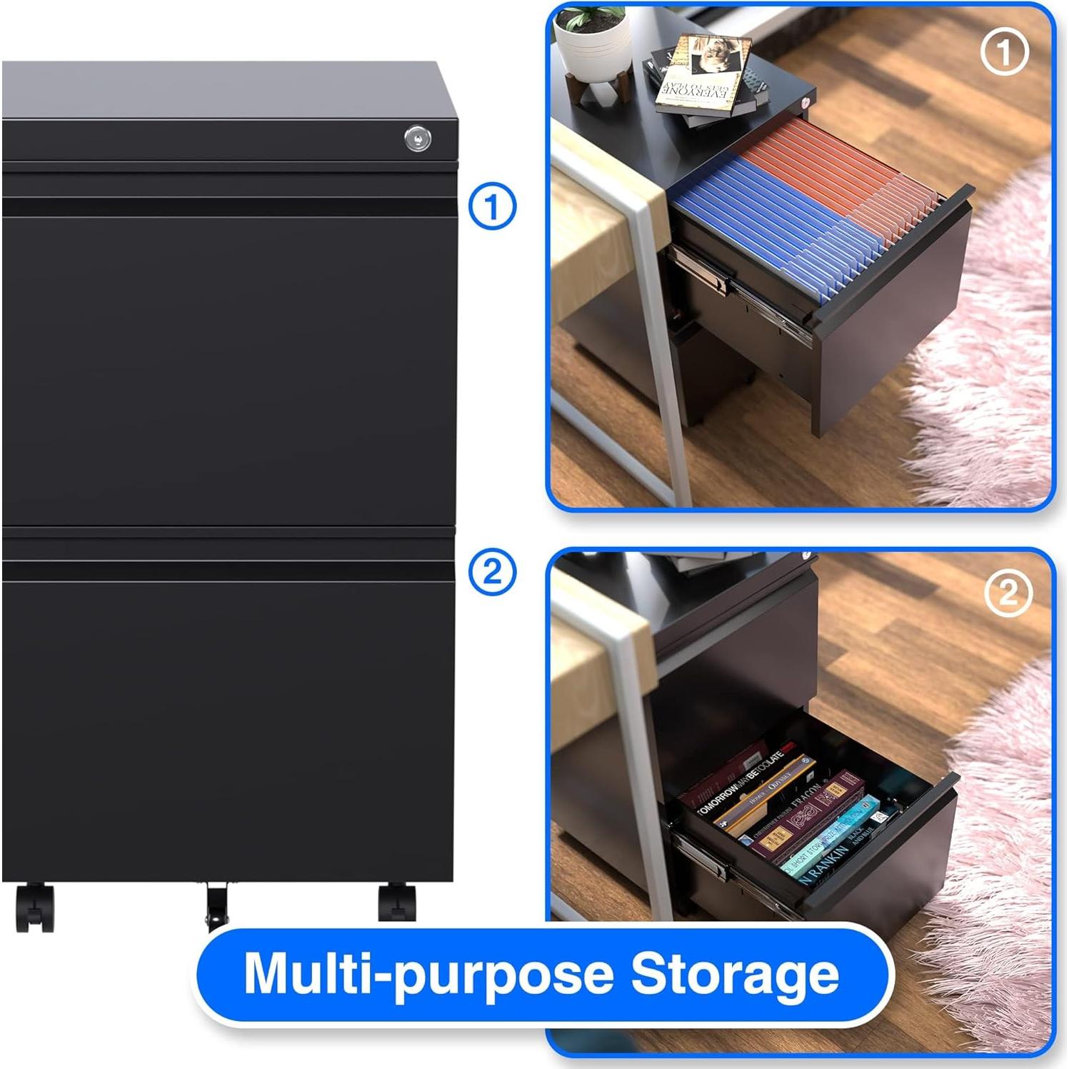 Gabinete de Archivos Aobabo 2 Cajones Metal Negro con Cerradura