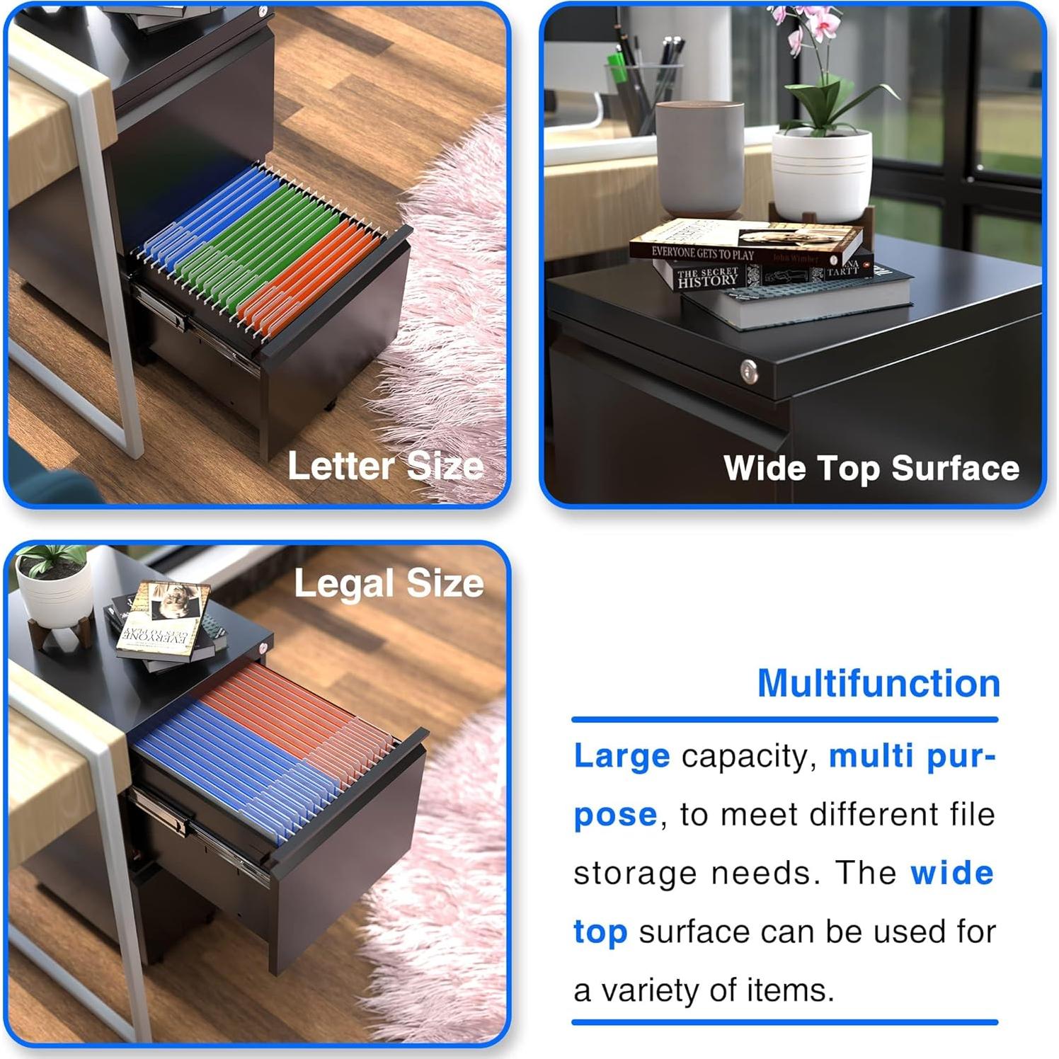 Gabinete de Archivos Aobabo 2 Cajones Metal Negro con Cerradura