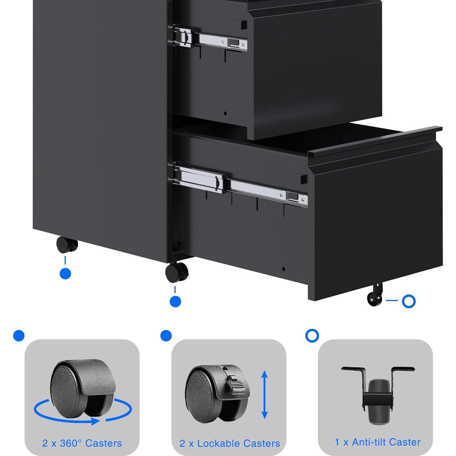 Gabinete de Archivos Aobabo 2 Cajones Metal Negro con Cerradura