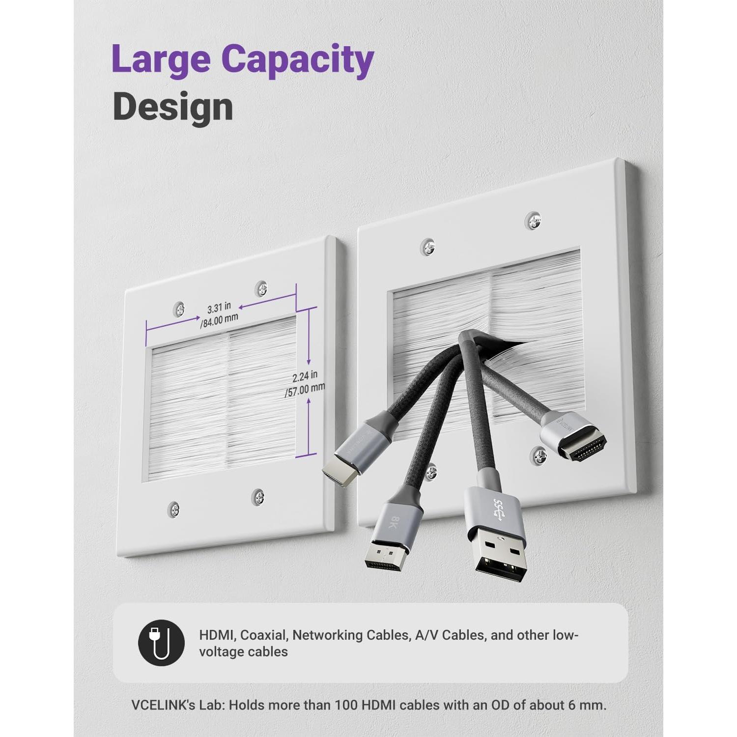 Placa de Pared Pasacables VCELINK 2 Gang Blanca con Cepillo