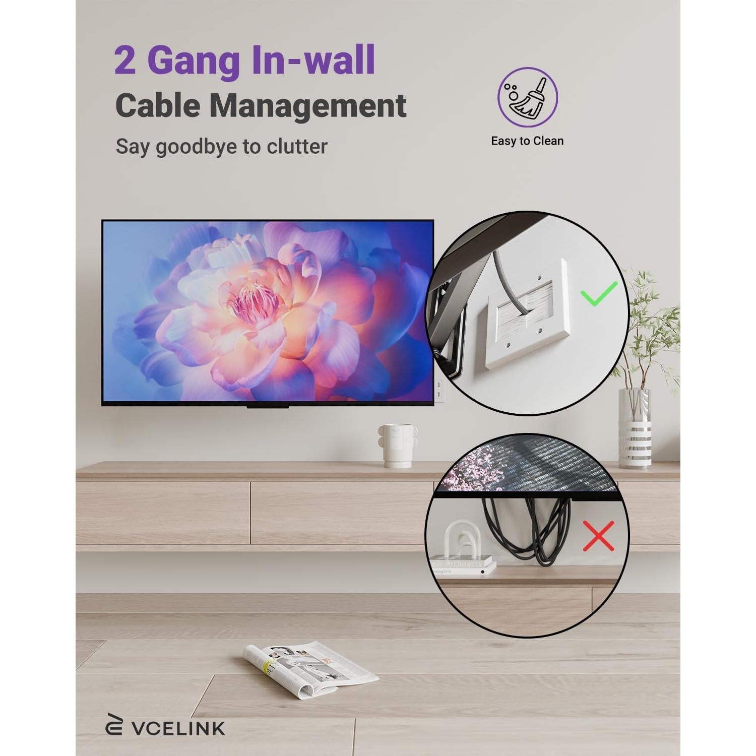 Placa de Pared Pasacables VCELINK 2 Gang Blanca con Cepillo