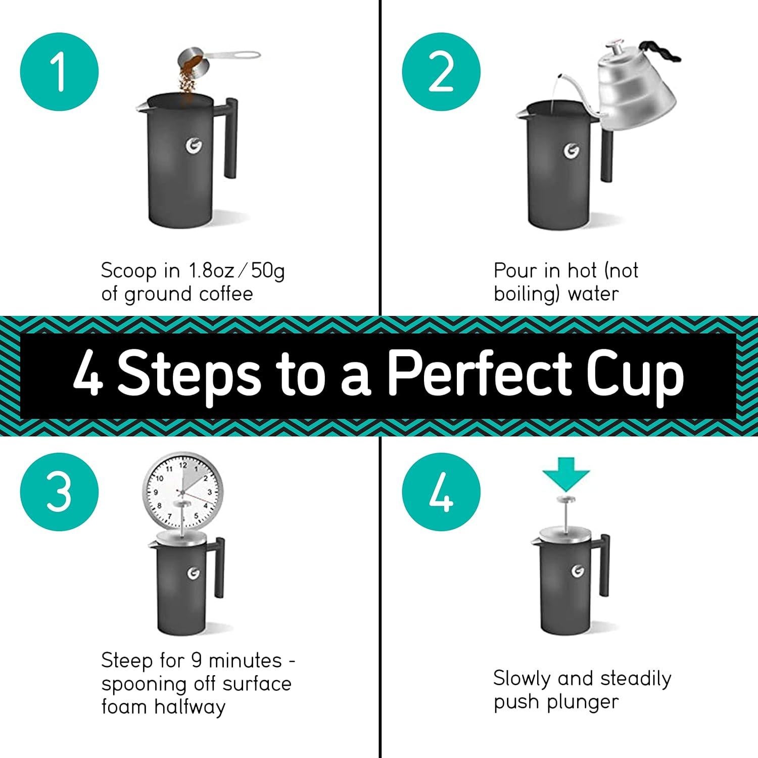 Cafetera Prensa Francesa Coffee Gator 1.4L Acero Inoxidable Negro