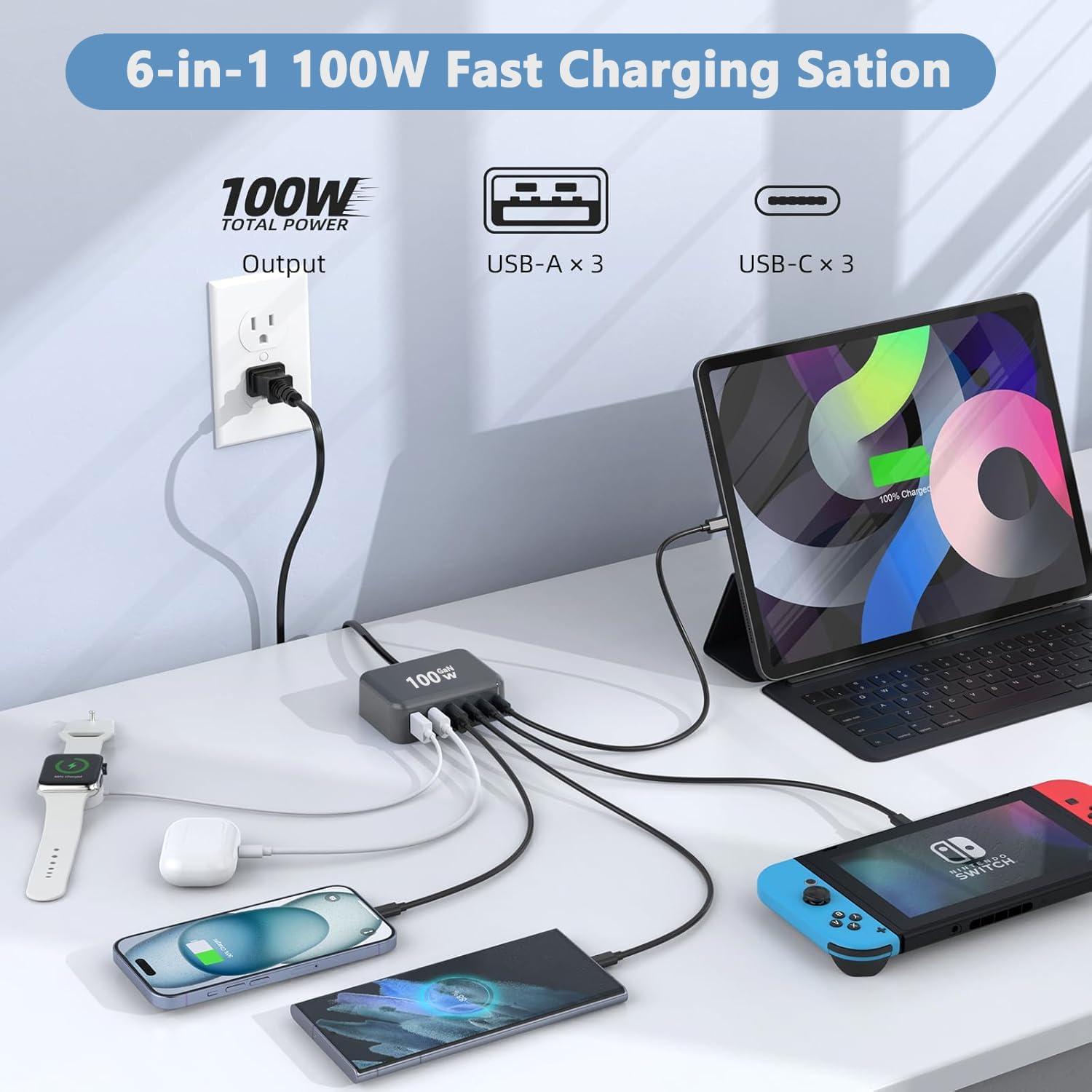 Cargador USB C 100W GaN 6 Puertos Adaptador Rápido Negro