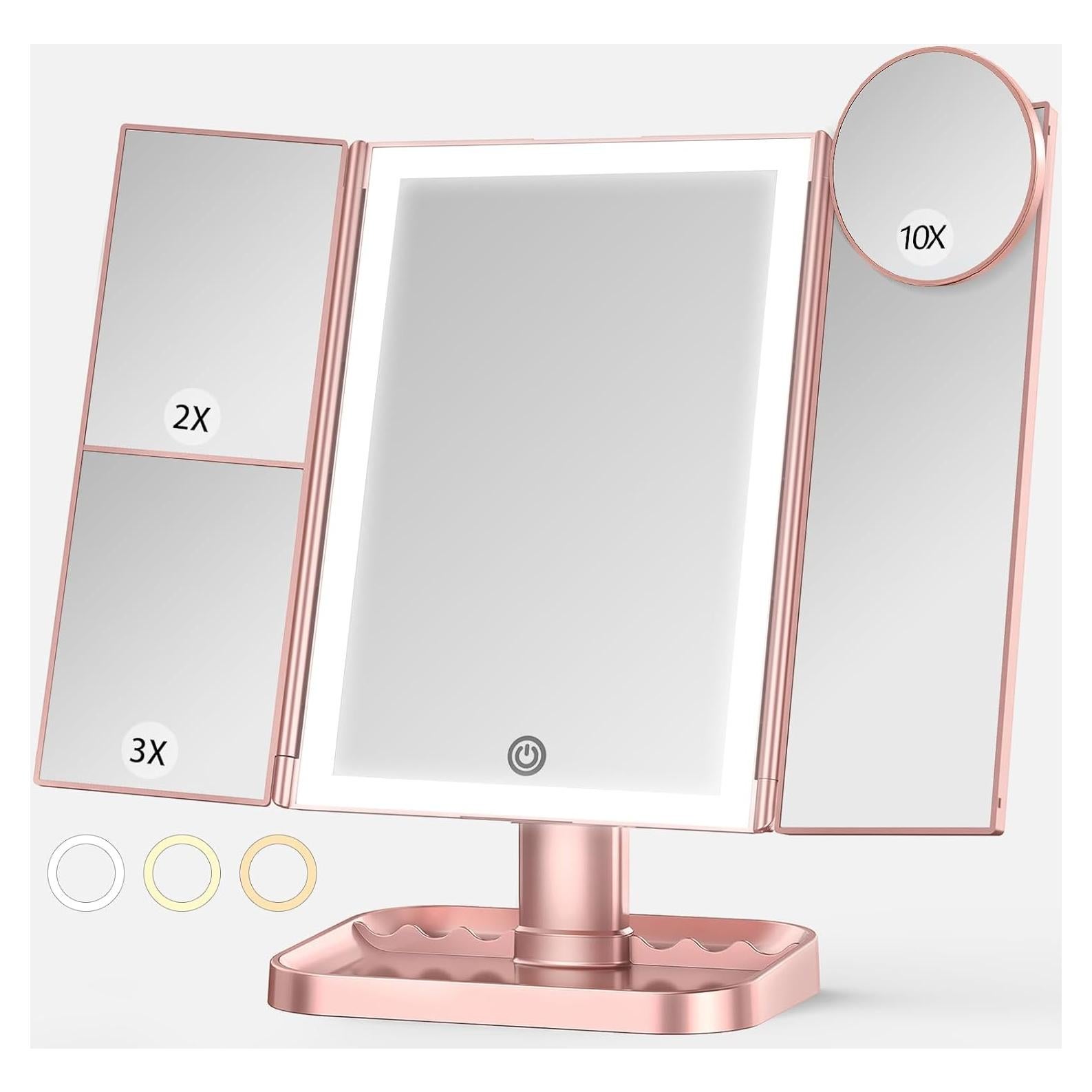 Espejo de Maquillaje Iluminado NIKKOMON 10X 3X 2X Oro Rosa