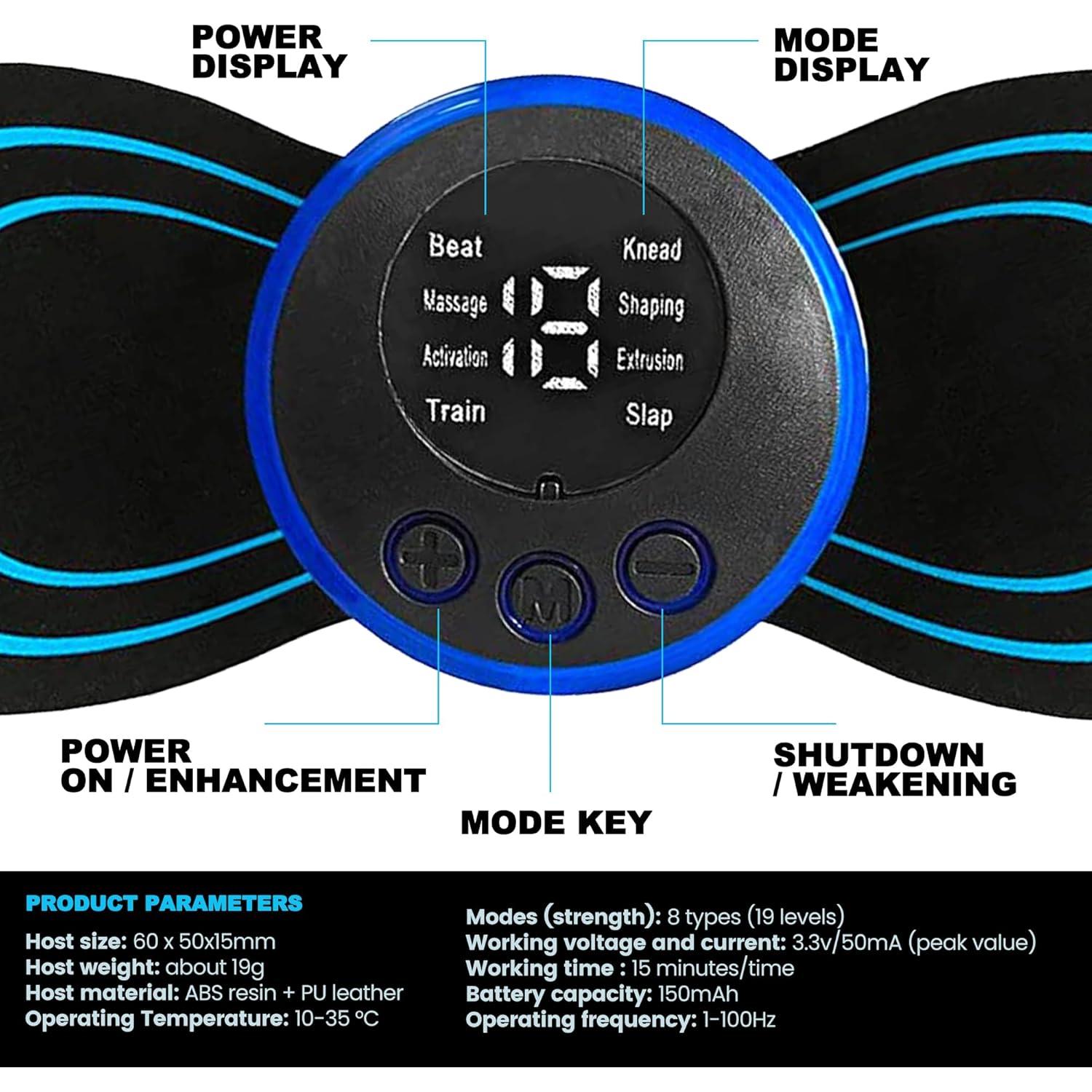 Masajeador Muscular Mini PLE-mIN1 con 2 Almohadillas y 19 Velocidades