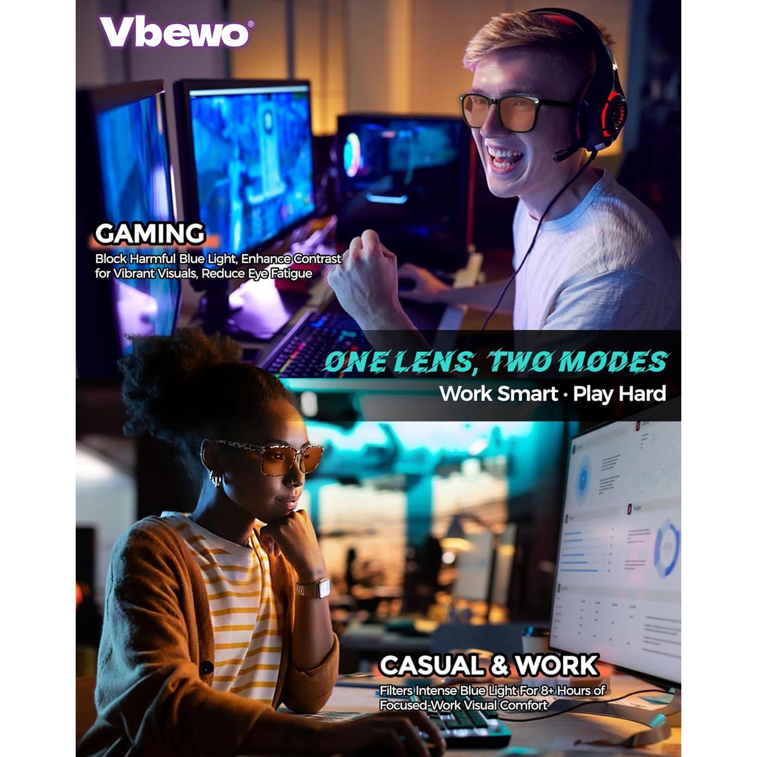 Gafas Vbewo para Dormir y Jugar, Lente Ámbar, 98.7% Bloqueo Luz Azul