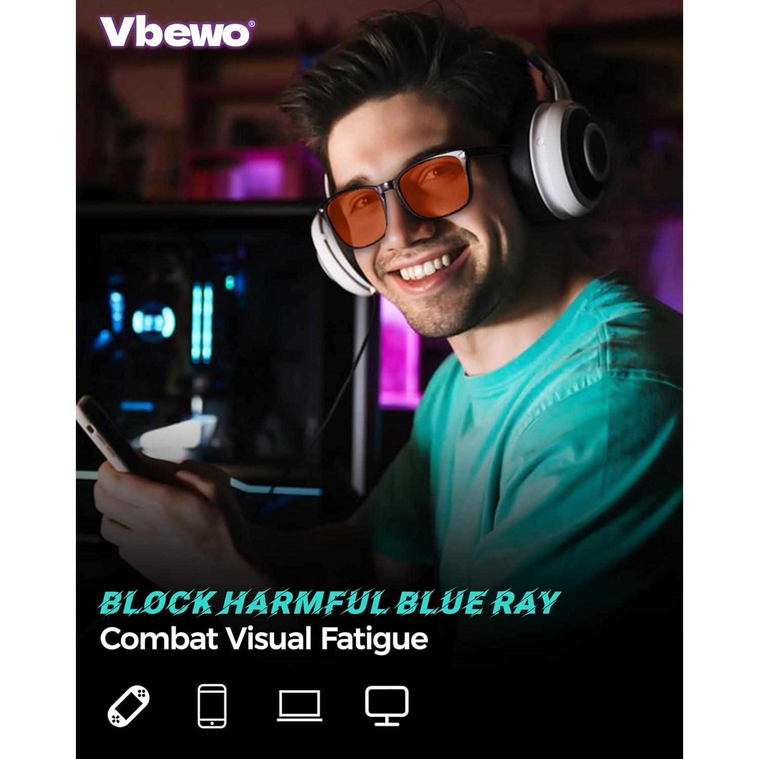 Gafas Vbewo para Dormir y Jugar, Lente Ámbar, 98.7% Bloqueo Luz Azul