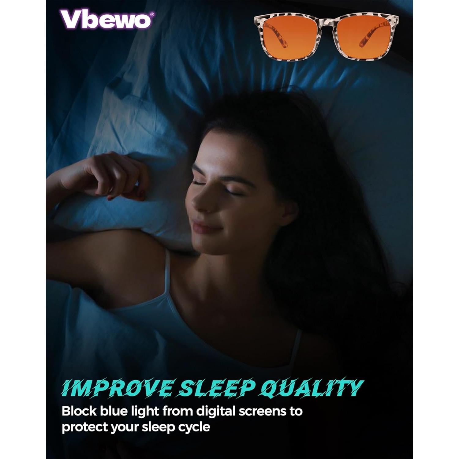 Gafas Vbewo para Dormir y Jugar, Lente Ámbar, 98.7% Bloqueo Luz Azul