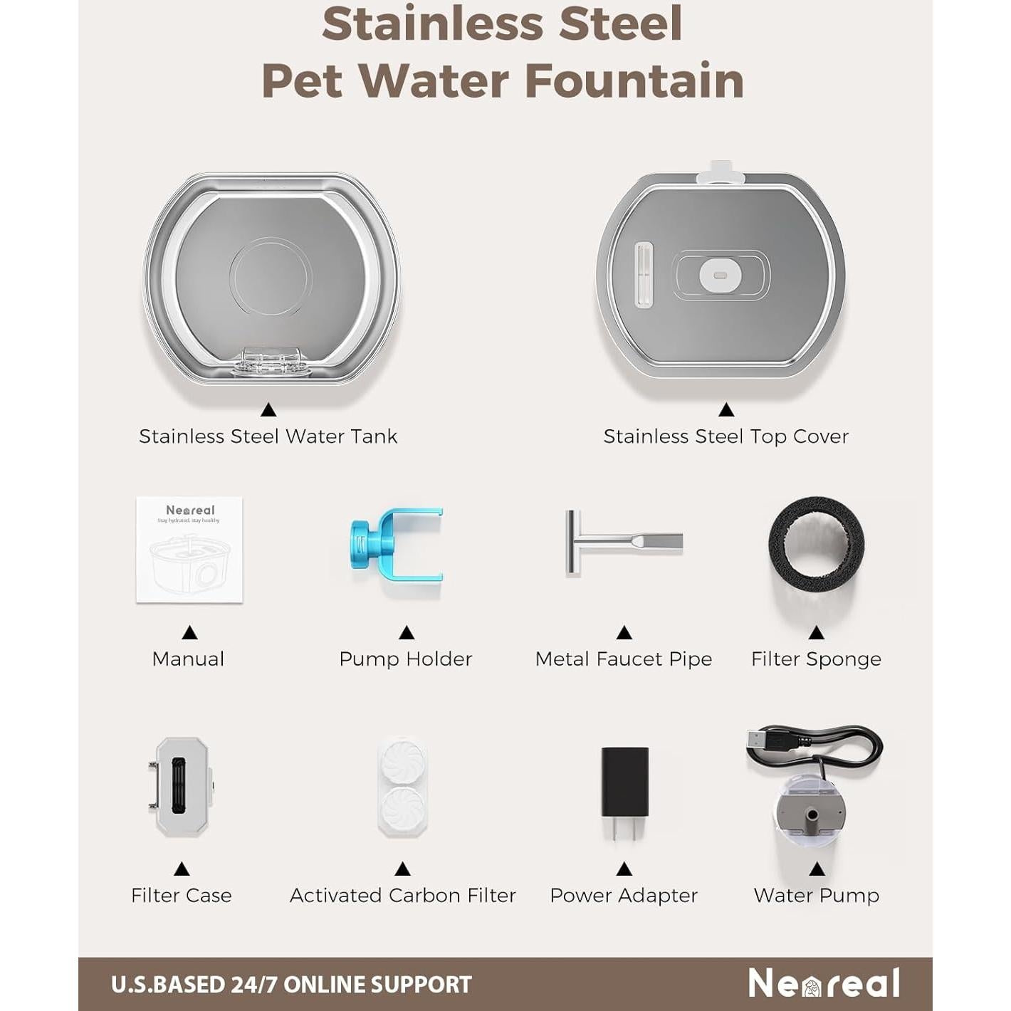 Fuente de Agua Automática para Gatos Neareal 3.2L Acero Inoxidable