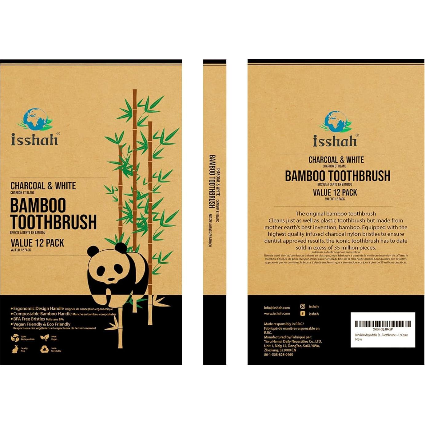 Cepillos de Dientes de Bambú Natural Isshah - Paquete de 12