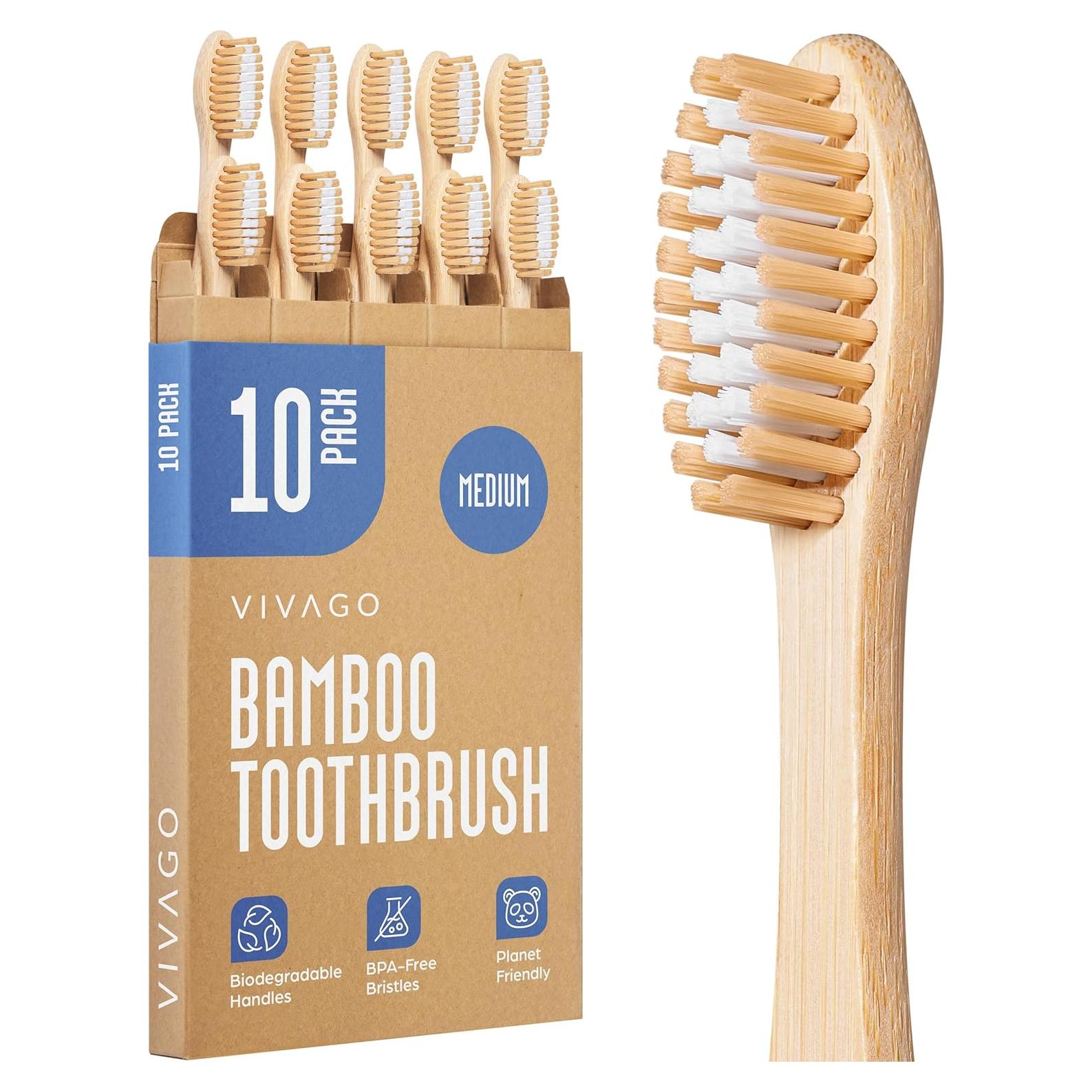 Cepillos de Dientes de Bambú VIVAGO Paquete de 10 Cerdas Medianas