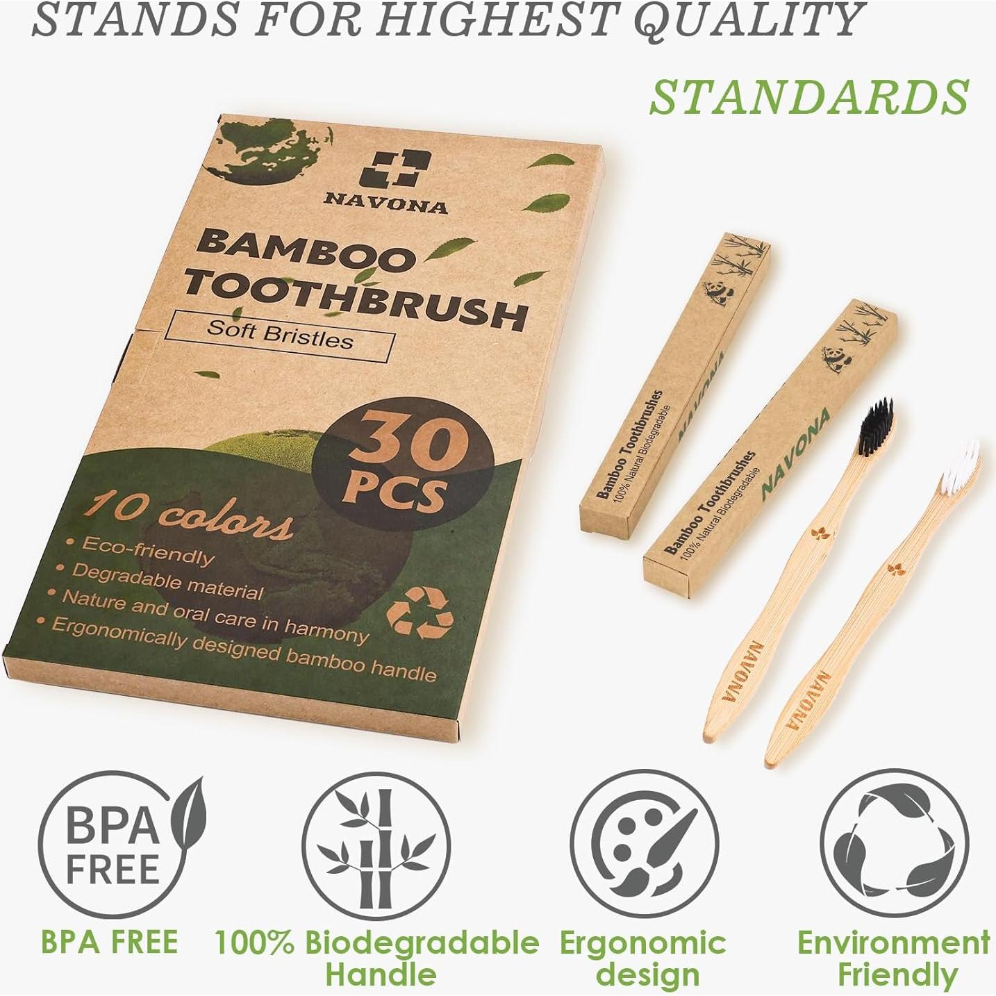 30 Cepillos de Dientes de Bambú Navona, Suaves y Ecológicos
