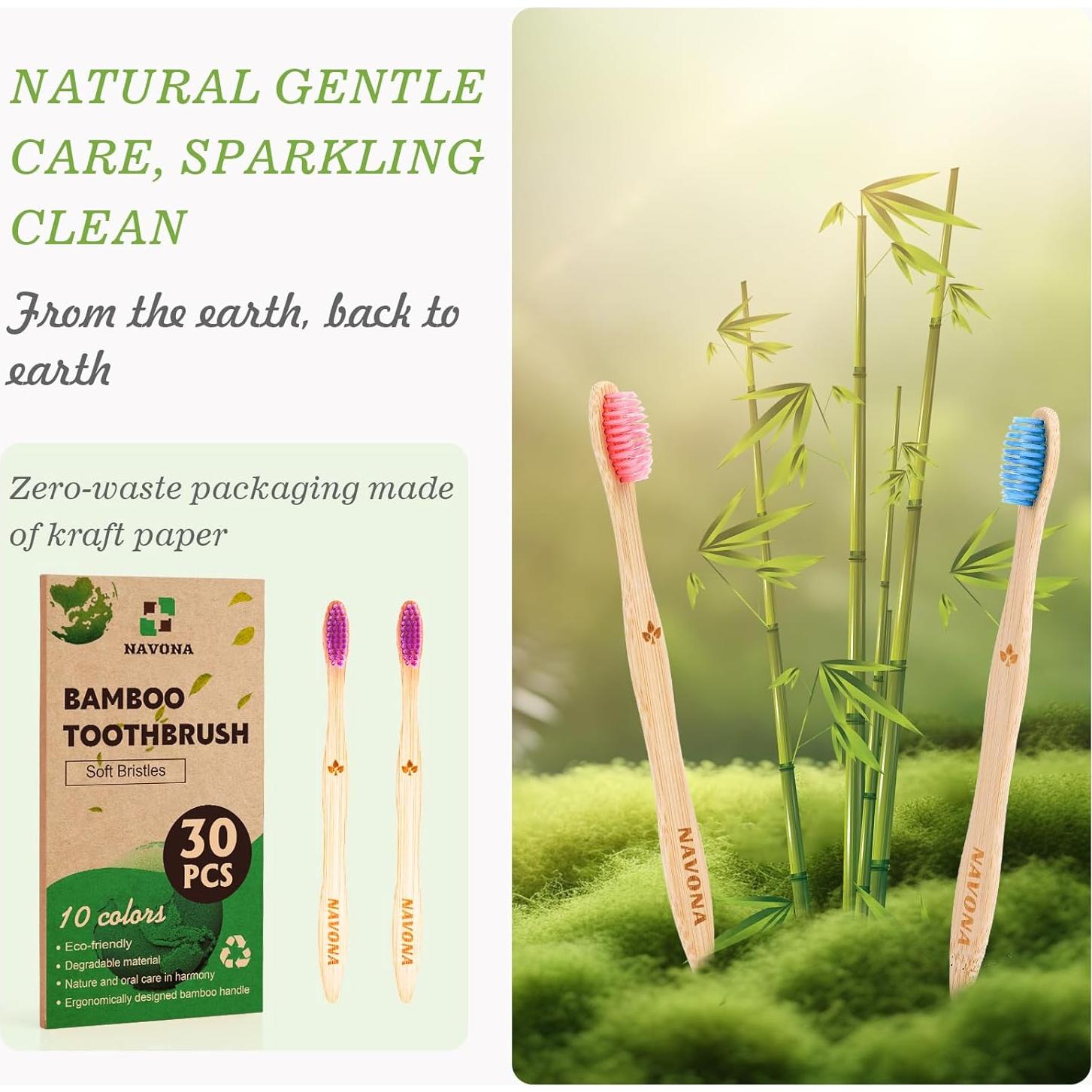 30 Cepillos de Dientes de Bambú Navona, Suaves y Ecológicos
