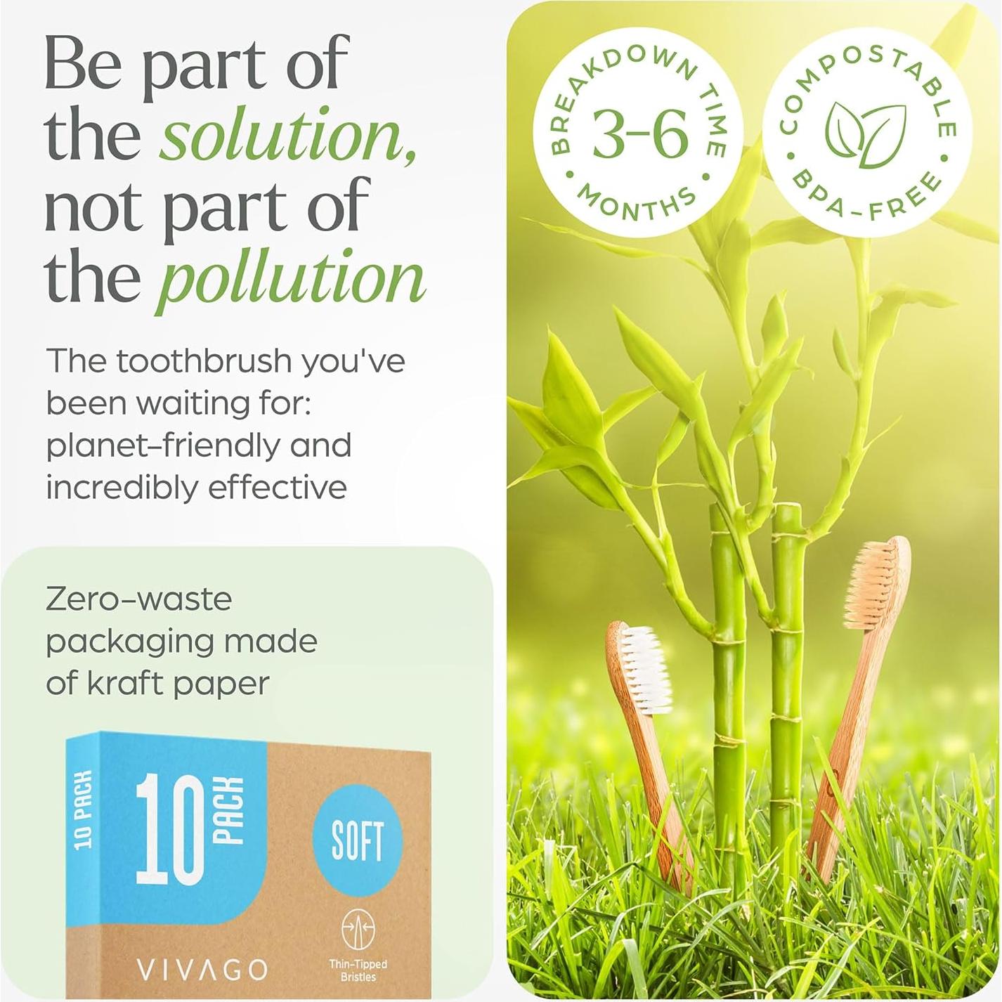 Cepillos de Dientes de Bambú VIVAGO Paquete de 10 Cerdas Suaves