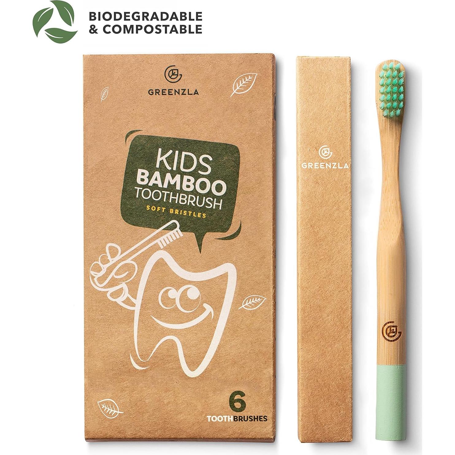 Set de Cepillos de Dientes de Bambú para Niños GREENZLA, 6 Piezas