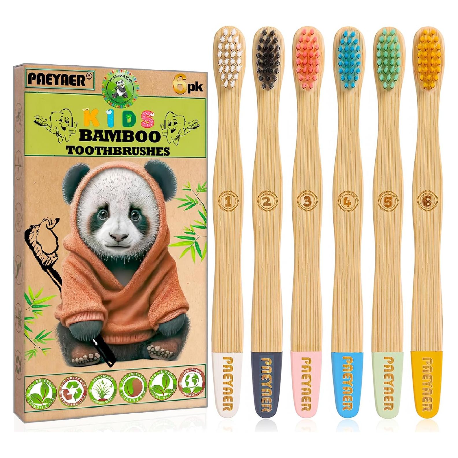 Paquete de 6 cepillos de dientes de bambú PAEYAER para niños