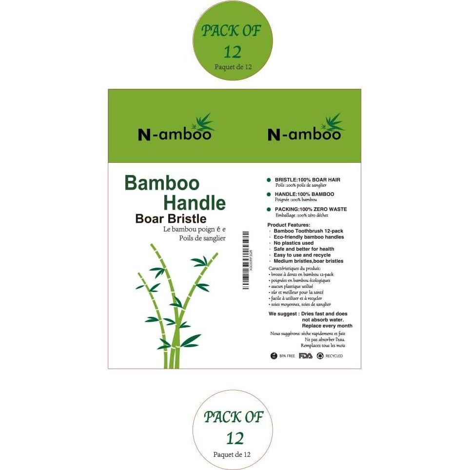 Cepillo de dientes de bambú N-amboo ecológico biodegradable - Paquete de 12