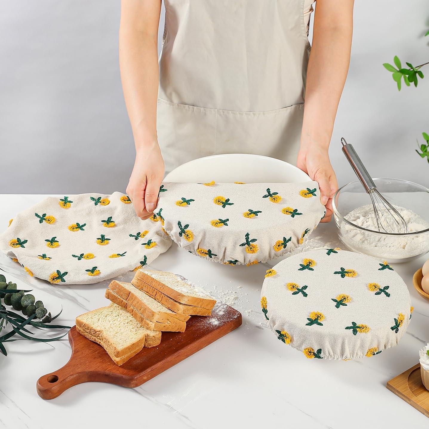 Cubiertas de Tazón Reutilizables Slyitokbhr Lino Bordado 3 Pzas