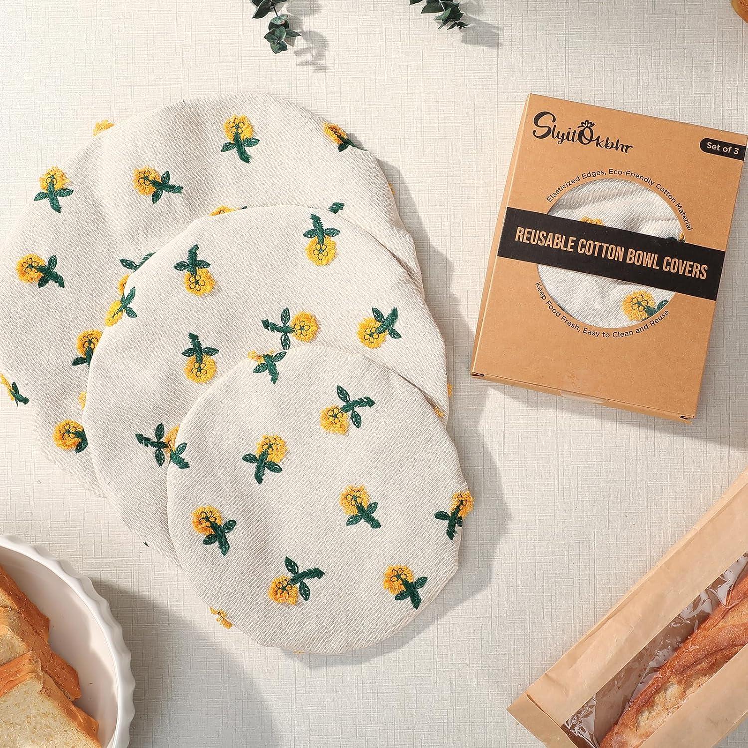 Cubiertas de Tazón Reutilizables Slyitokbhr Lino Bordado 3 Pzas