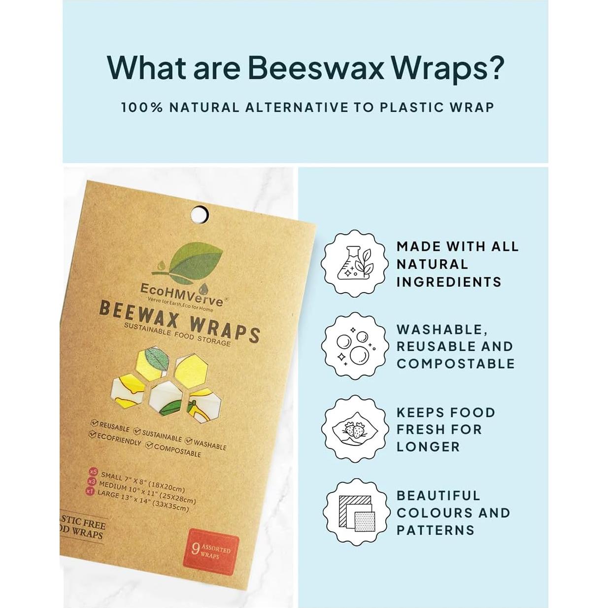 Envolturas de Cera de Abeja EcoHMVerve 9 Piezas Reutilizables