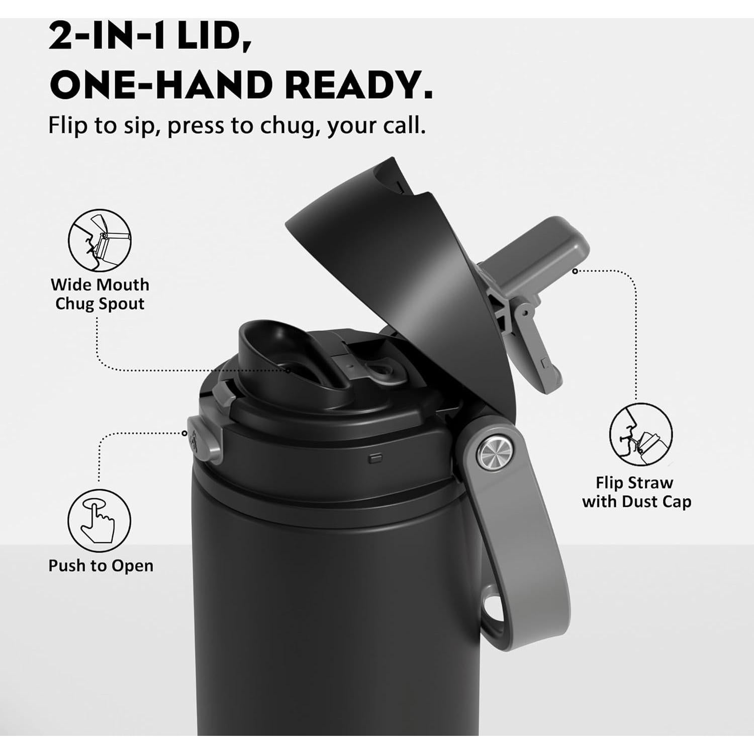 Botella de Agua Aislada POWCAN 24 oz Acero Inoxidable Negro