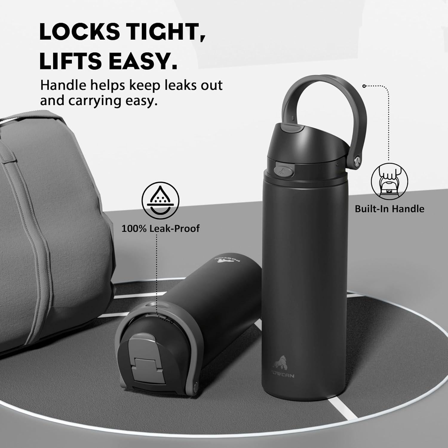 Botella de Agua Aislada POWCAN 24 oz Acero Inoxidable Negro