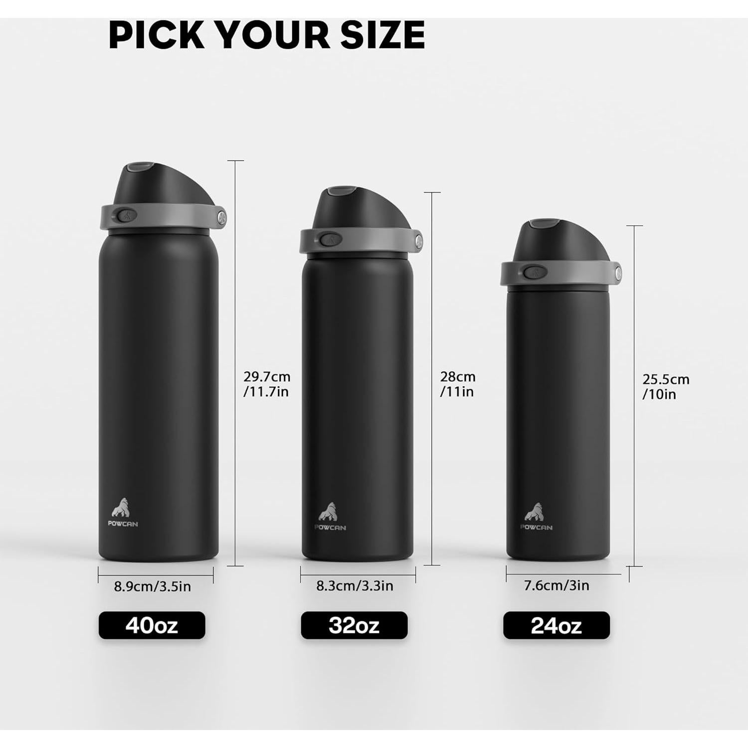 Botella de Agua Aislada POWCAN 24 oz Acero Inoxidable Negro