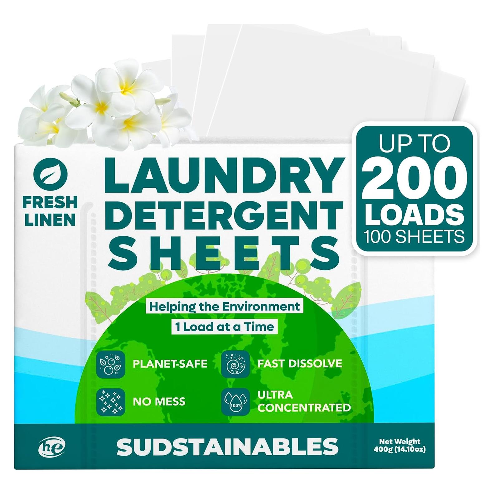 Hojas de detergente Sudstainables 100 cargas Lino fresco ecológico