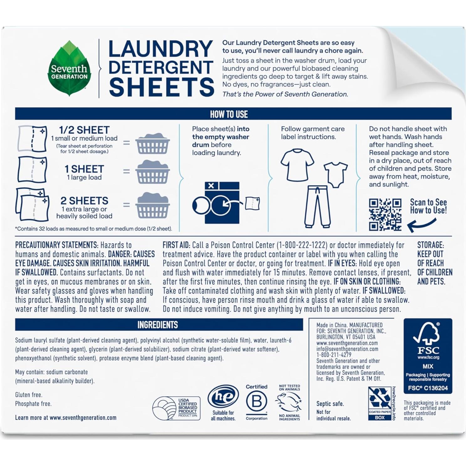 Hojas de Detergente para Ropa Seventh Generation 32 Unidades Libre y Claro