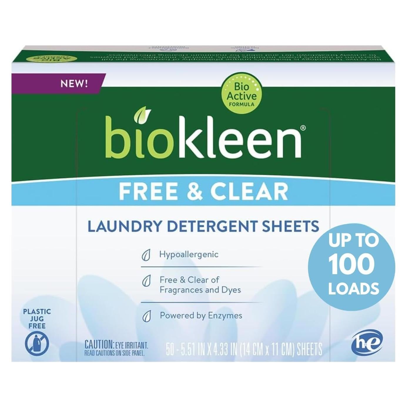 Hojas de Detergente Biokleen Free & Clear - 100 Lavados Ecológicos