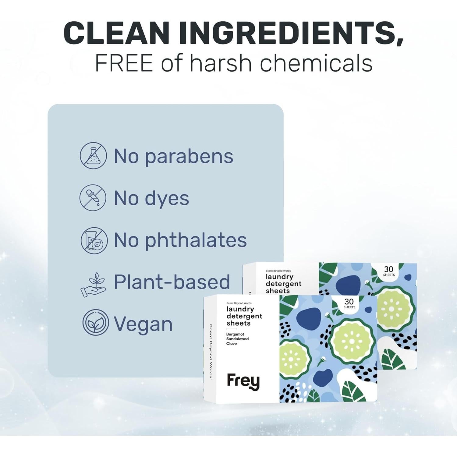 Hojas de Detergente FREY para Ropa - Aroma a Bergamota - 60 Hojas